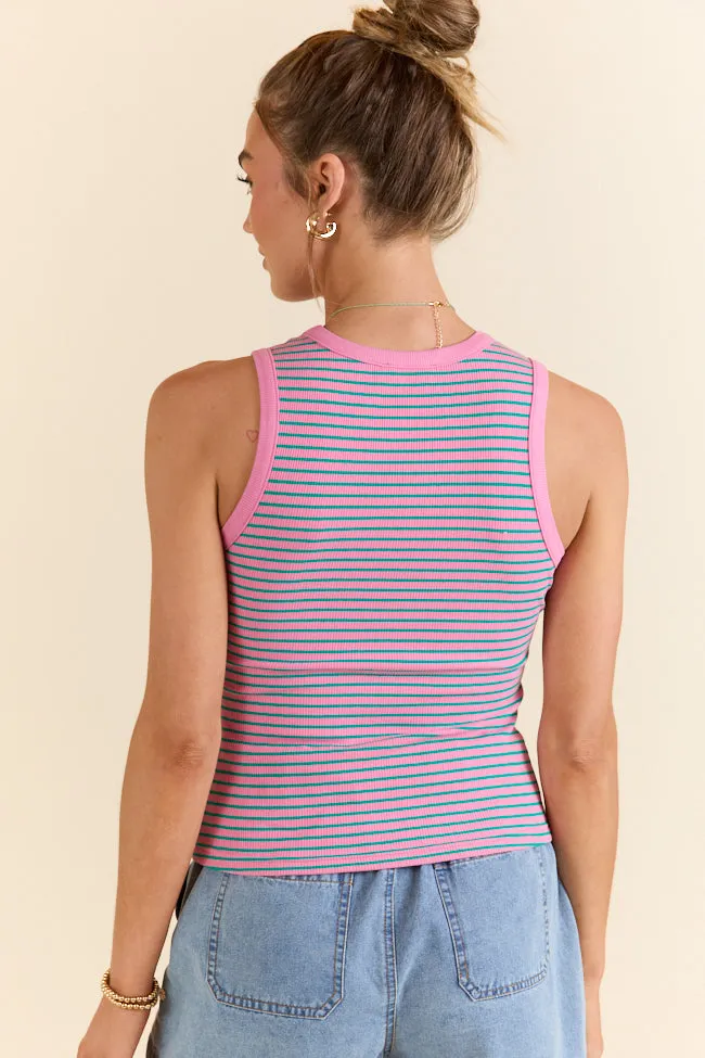 Core Values Pink and Green Ribbed Stripe High Neck Tank