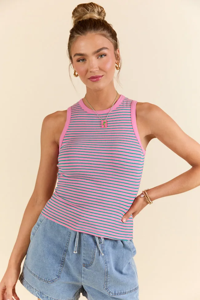 Core Values Pink and Green Ribbed Stripe High Neck Tank