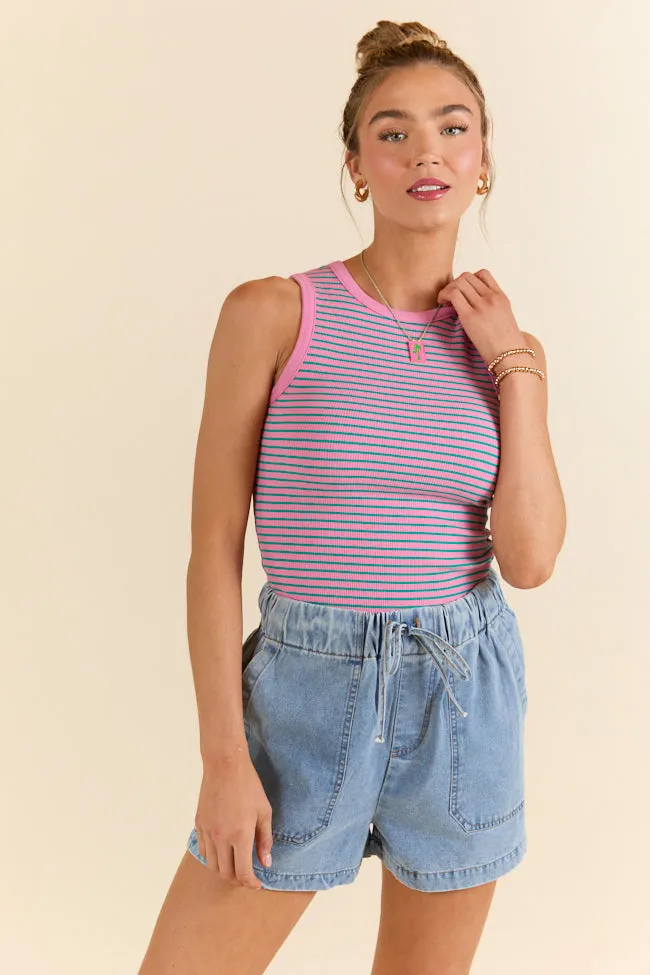 Core Values Pink and Green Ribbed Stripe High Neck Tank