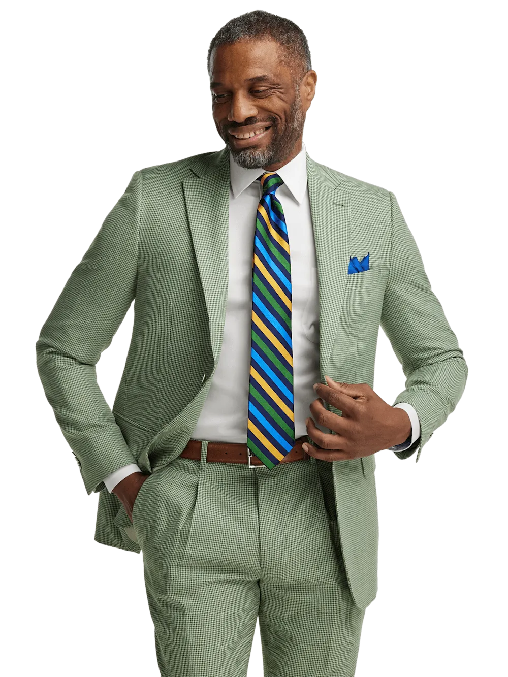 Cotton Blend Houndstooth Single Breasted Notch Lapel Suit Jacket - Green