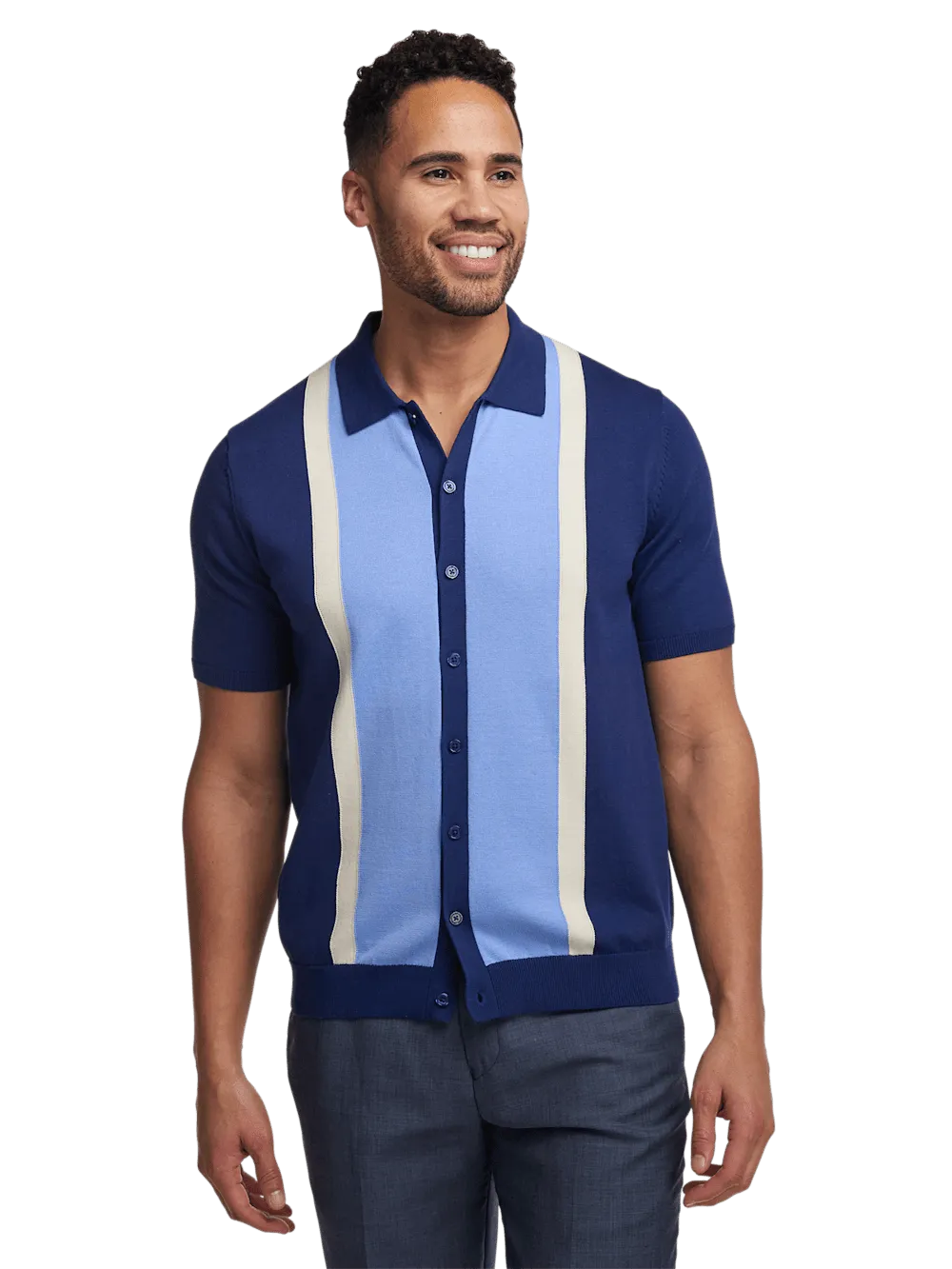 Cotton Button Front Polo - Navy