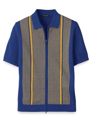 Cotton Full Zip Polo - Cobalt/yellow