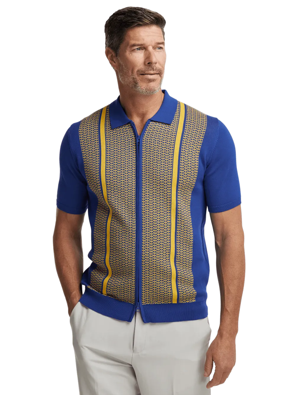 Cotton Full Zip Polo - Cobalt/yellow