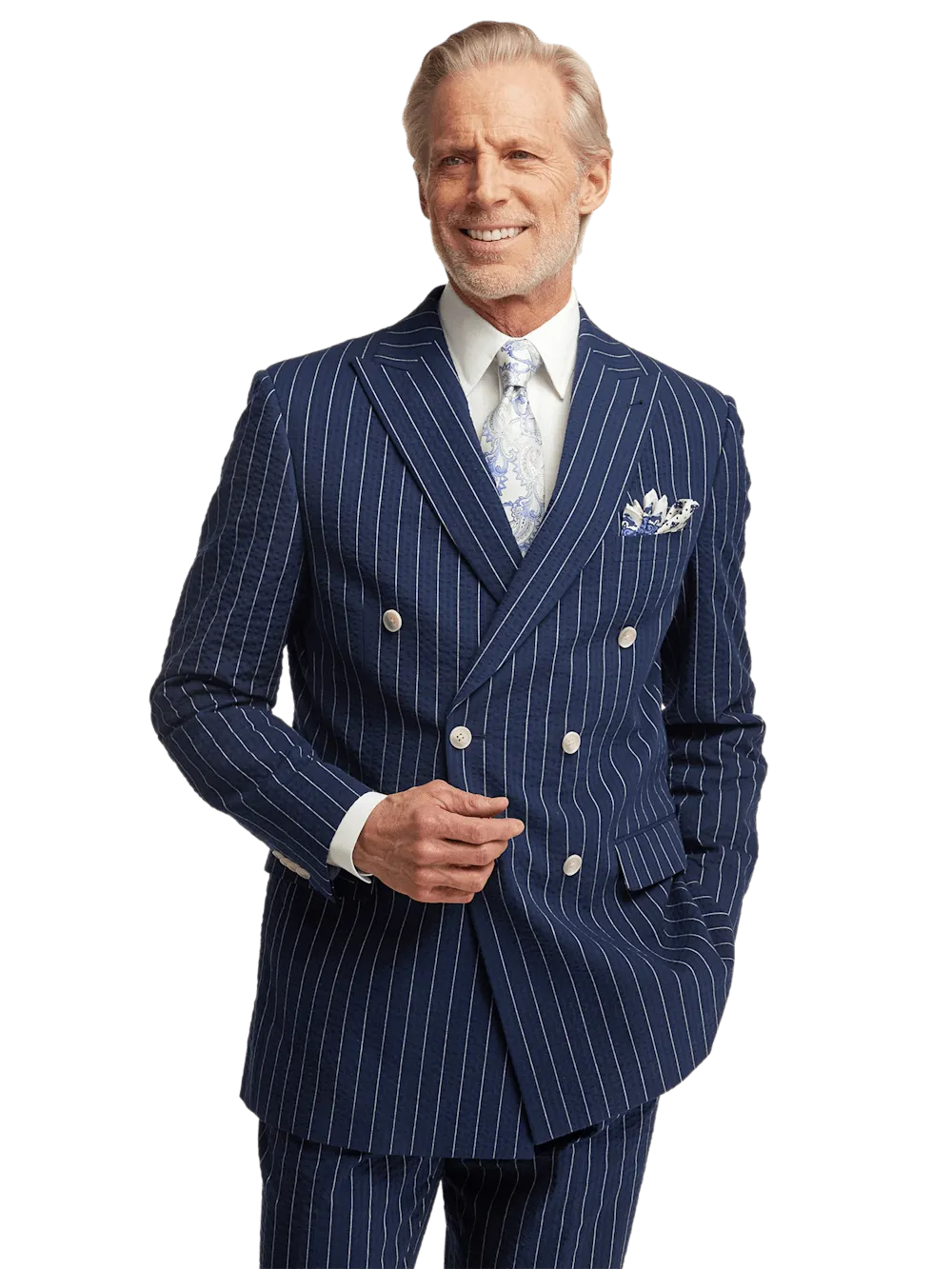 Cotton Stretch Pinstripe Seersucker Double Breasted Peak Lapel Suit Jacket - Navy
