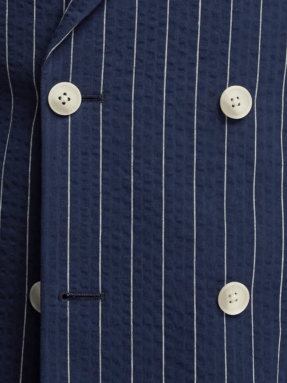 Cotton Stretch Pinstripe Seersucker Double Breasted Peak Lapel Suit Jacket - Navy