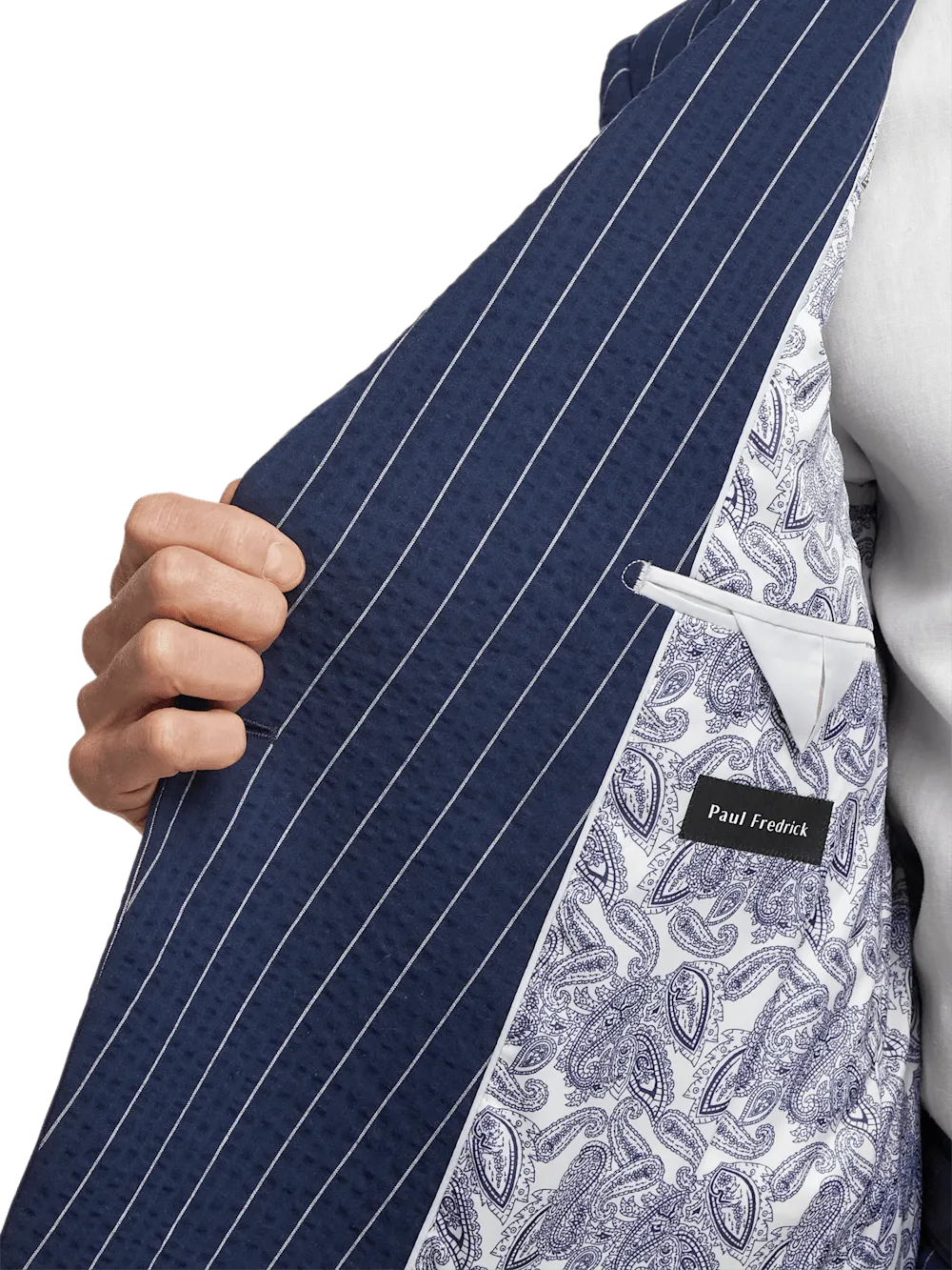 Cotton Stretch Pinstripe Seersucker Double Breasted Peak Lapel Suit Jacket - Navy