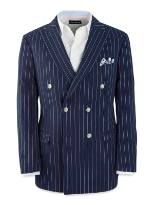 Cotton Stretch Pinstripe Seersucker Double Breasted Peak Lapel Suit Jacket - Navy