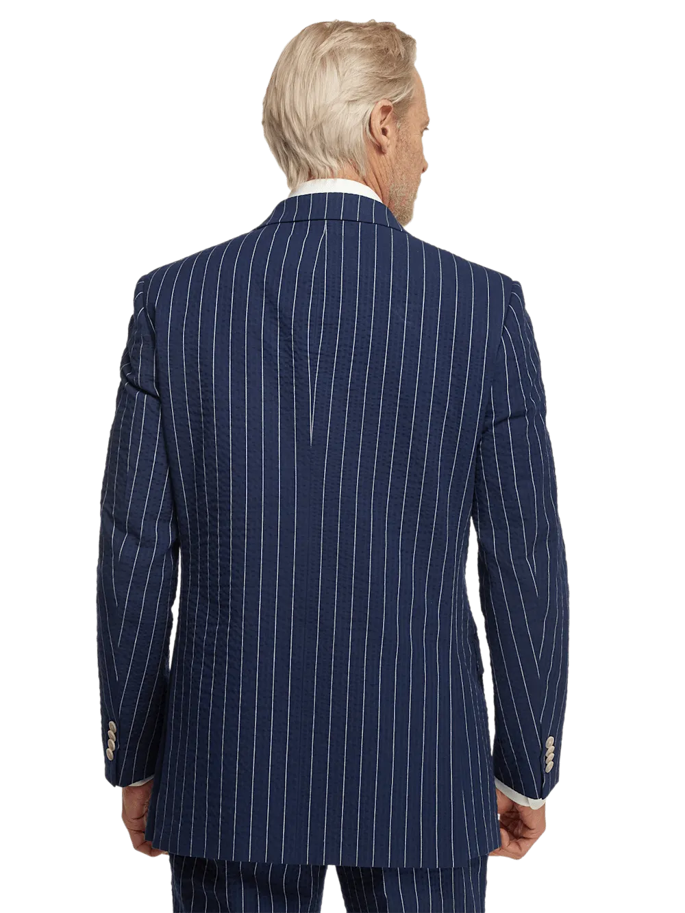 Cotton Stretch Pinstripe Seersucker Double Breasted Peak Lapel Suit Jacket - Navy