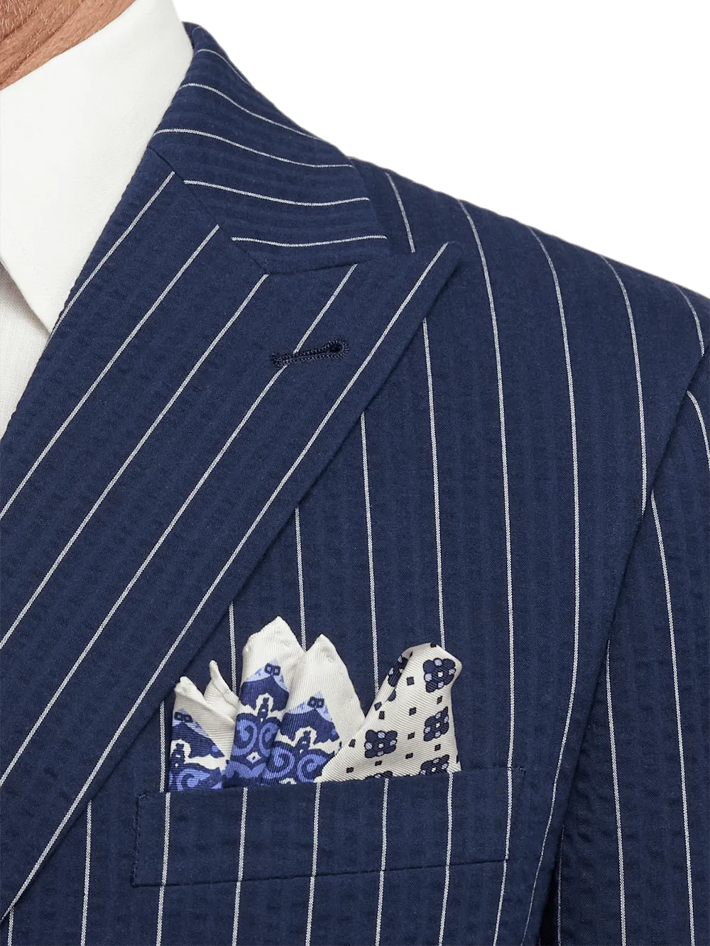 Cotton Stretch Pinstripe Seersucker Double Breasted Peak Lapel Suit Jacket - Navy