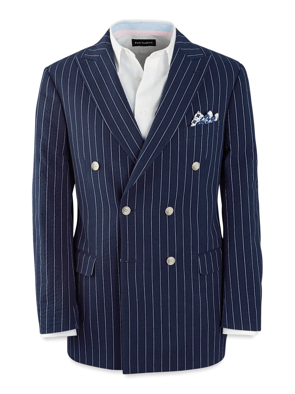 Cotton Stretch Pinstripe Seersucker Double Breasted Peak Lapel Suit Jacket - Navy