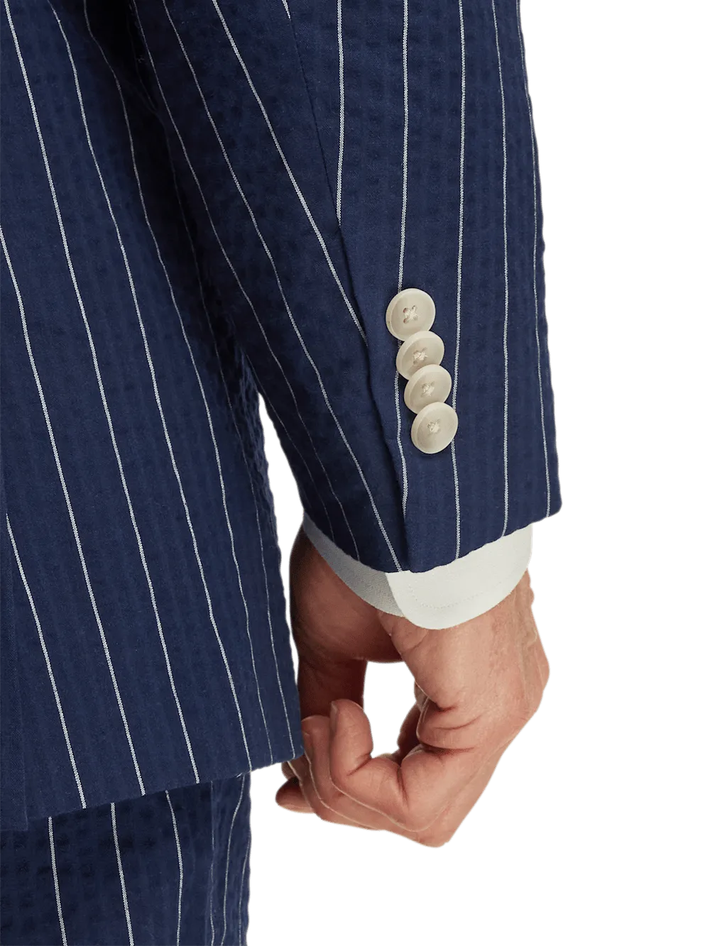 Cotton Stretch Pinstripe Seersucker Double Breasted Peak Lapel Suit Jacket - Navy