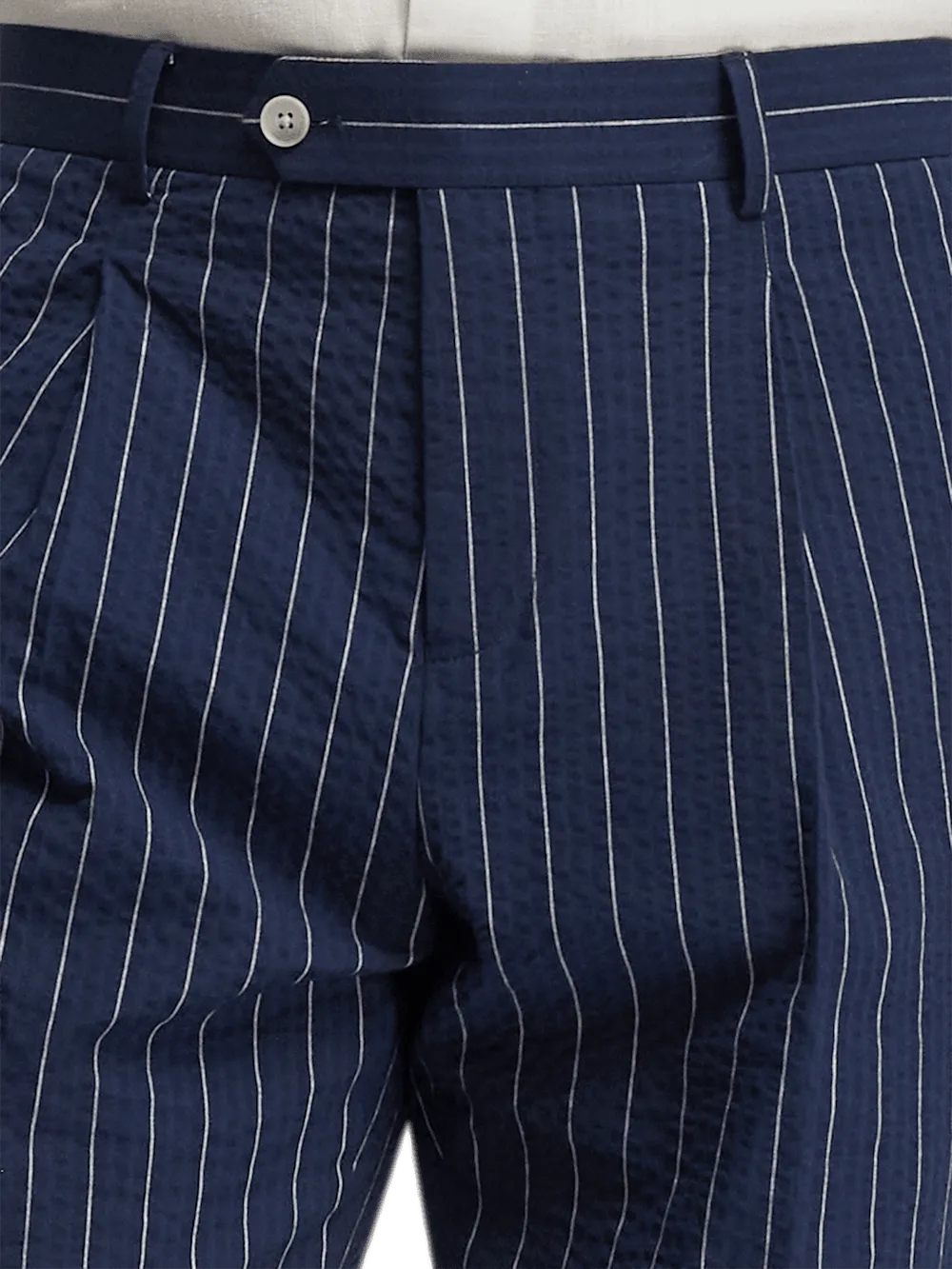 Cotton Stretch Pinstripe Seersucker Single Pleat Suit Pants - Navy