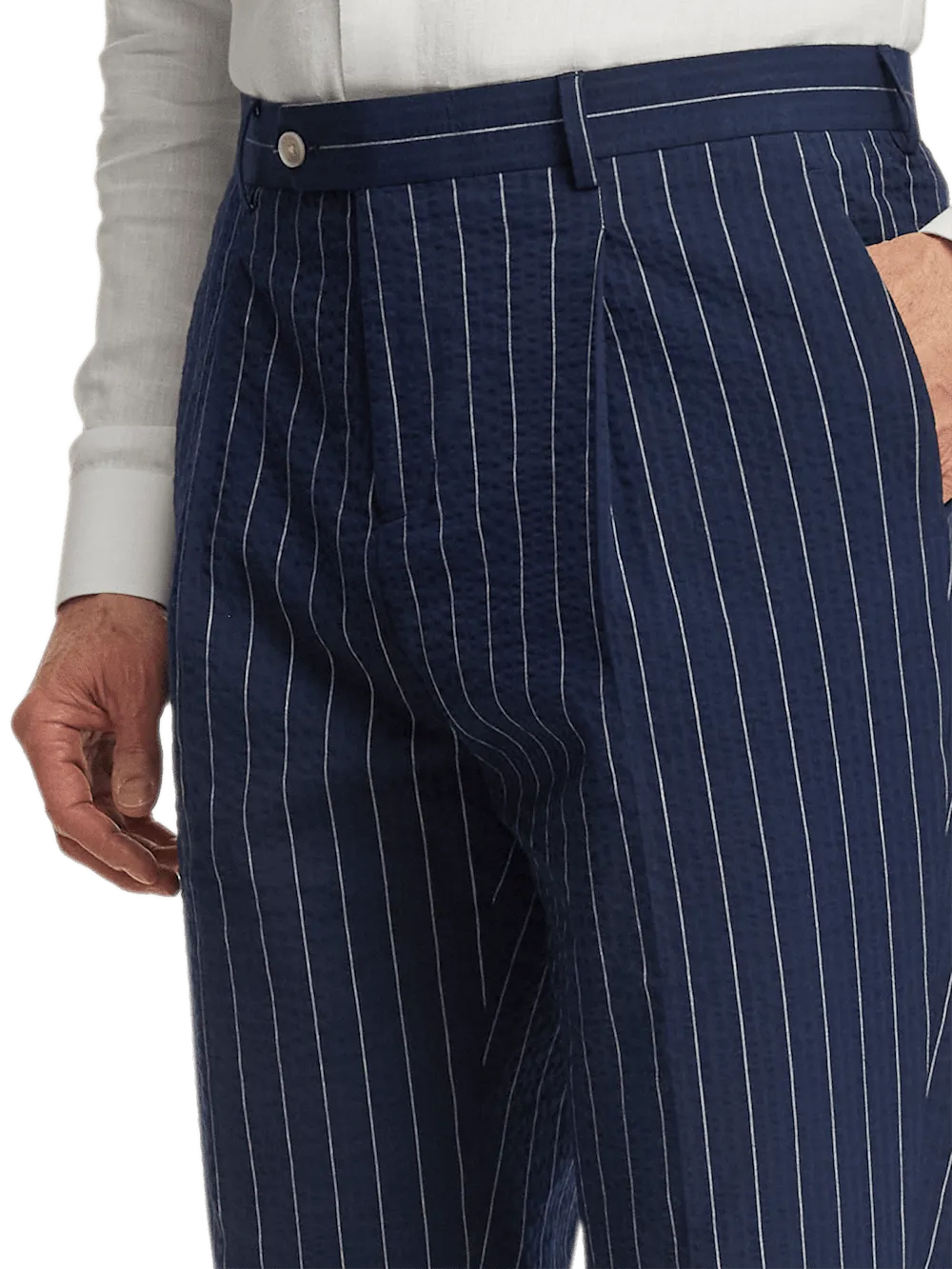 Cotton Stretch Pinstripe Seersucker Single Pleat Suit Pants - Navy