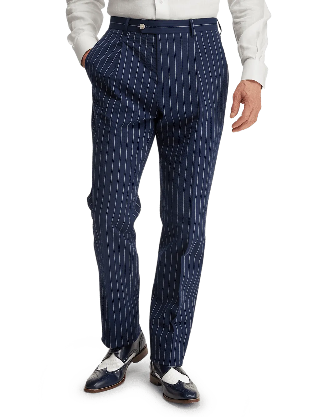 Cotton Stretch Pinstripe Seersucker Single Pleat Suit Pants - Navy