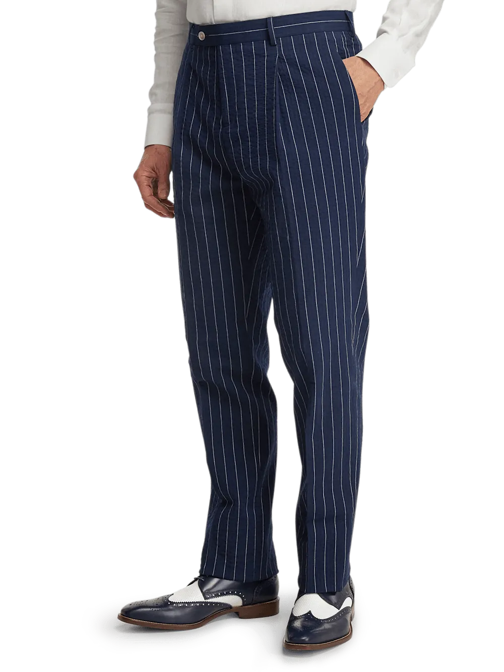 Cotton Stretch Pinstripe Seersucker Single Pleat Suit Pants - Navy