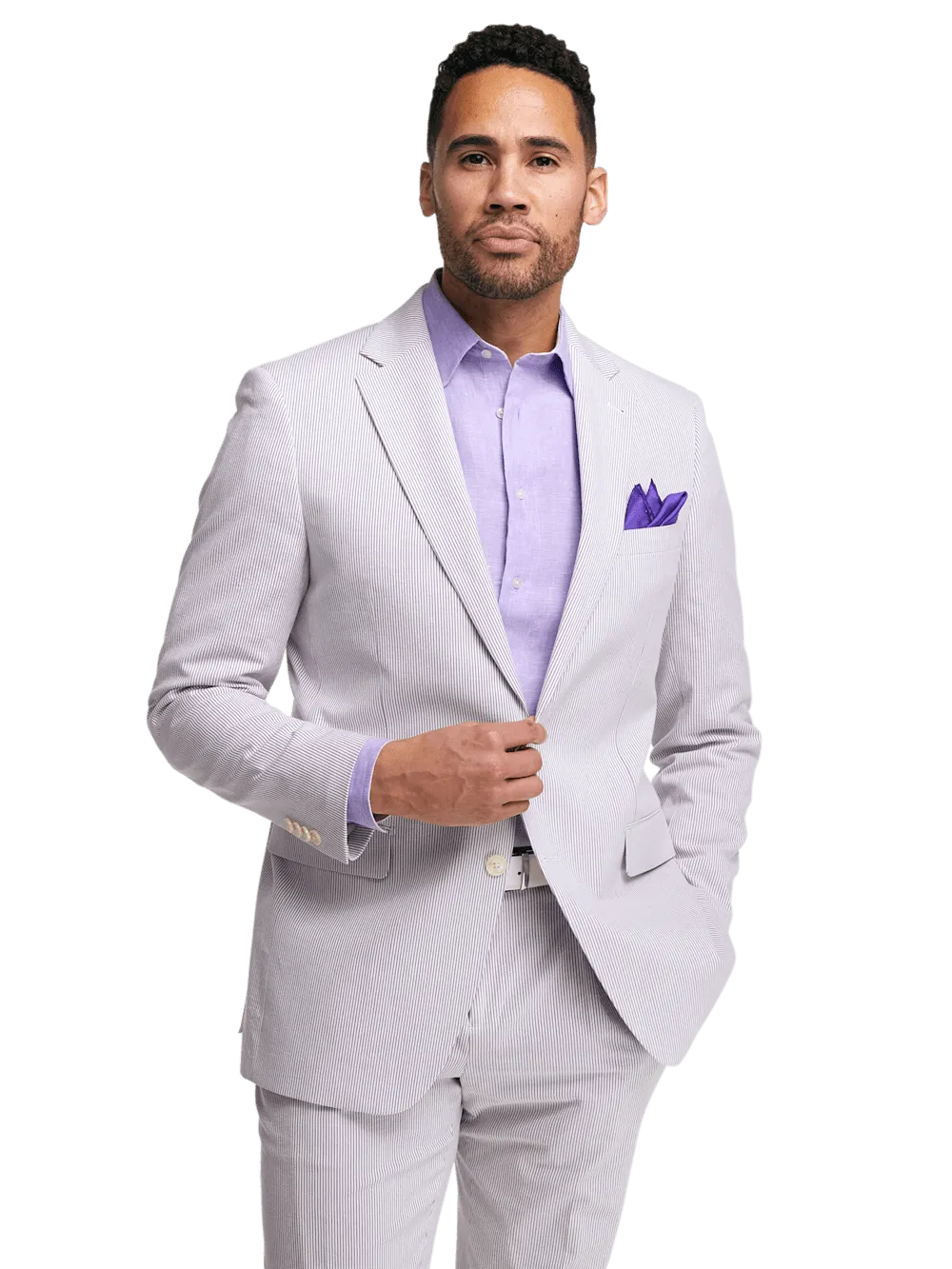 Cotton Stretch Stripe Seersucker Single Breasted Notch Lapel Suit Jacket - Purple/white