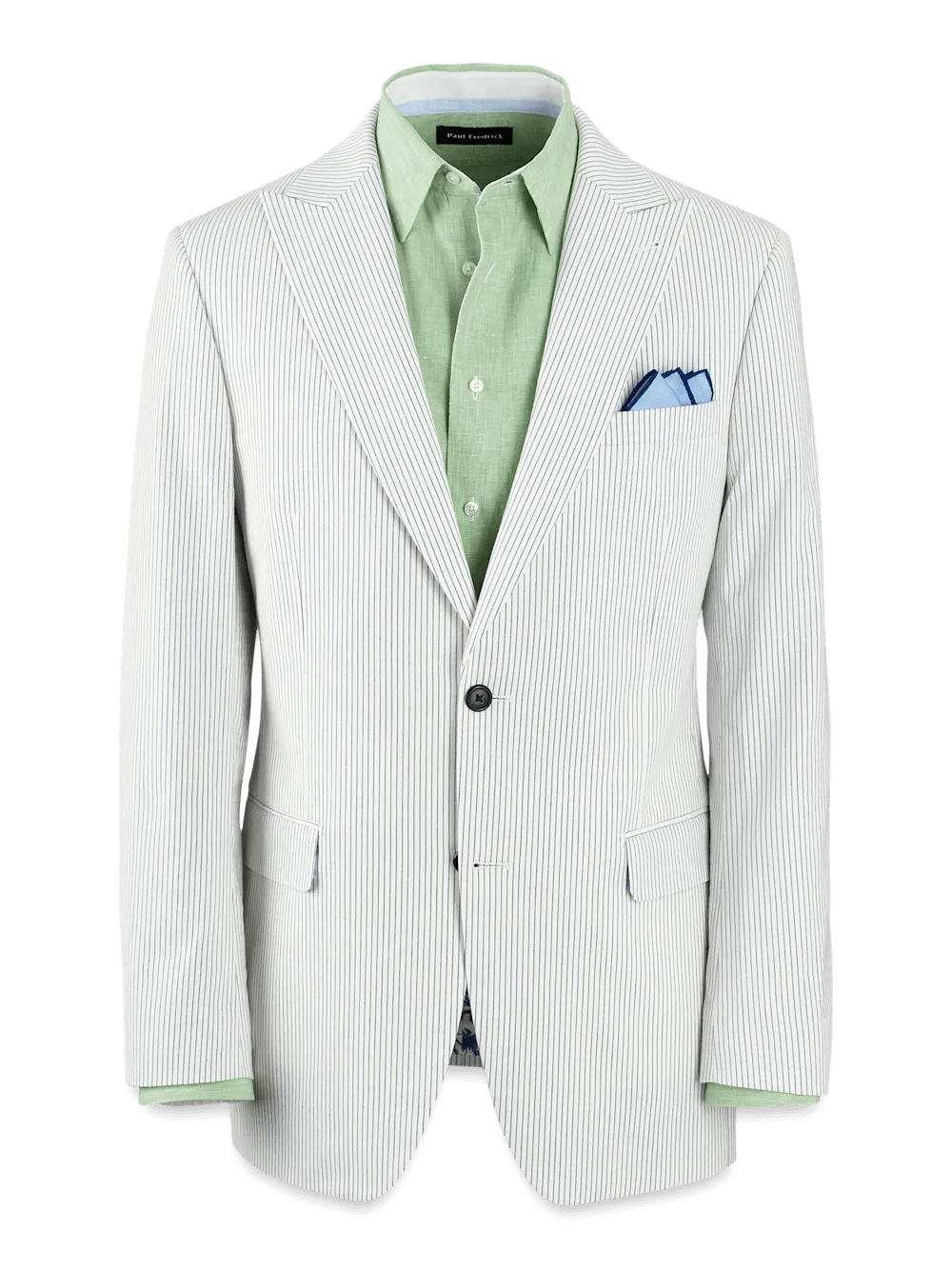 Cotton Stretch Stripe Seersucker Single Breasted Peak Lapel Suit Jacket - White/blue