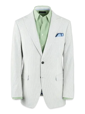 Cotton Stretch Stripe Seersucker Single Breasted Peak Lapel Suit Jacket - White/blue