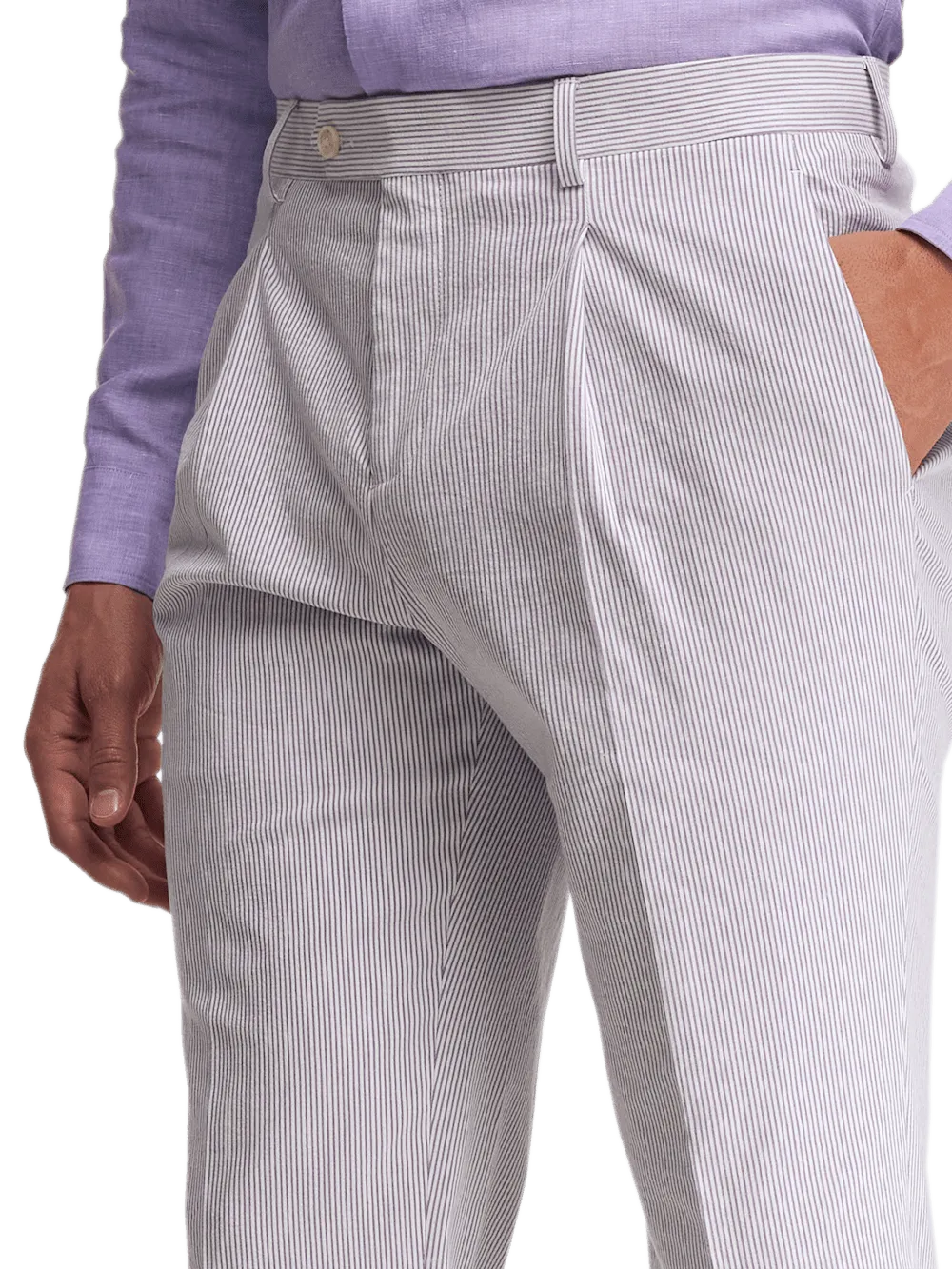 Cotton Stretch Stripe Seersucker Single Pleat Suit Pants - Purple/white