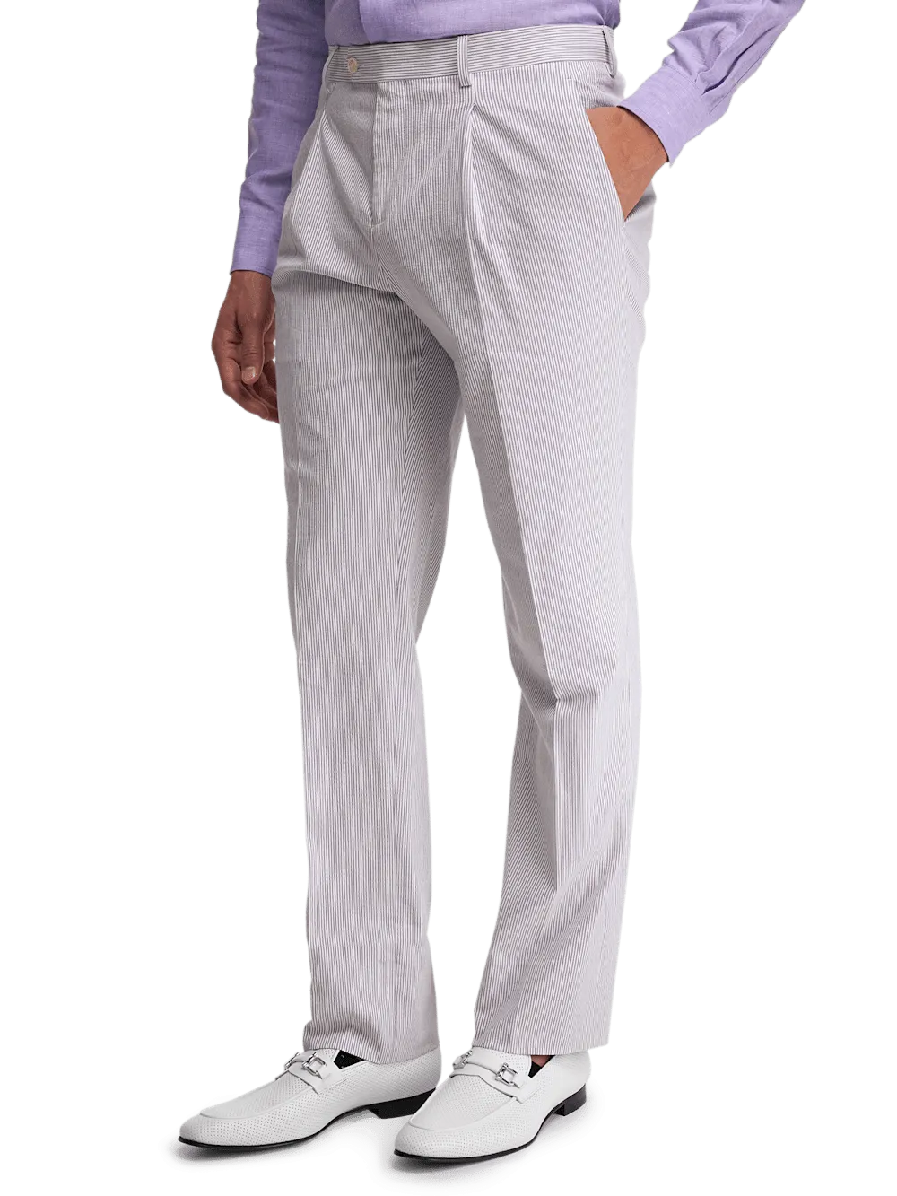 Cotton Stretch Stripe Seersucker Single Pleat Suit Pants - Purple/white