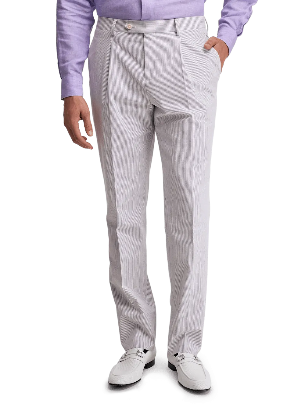 Cotton Stretch Stripe Seersucker Single Pleat Suit Pants - Purple/white