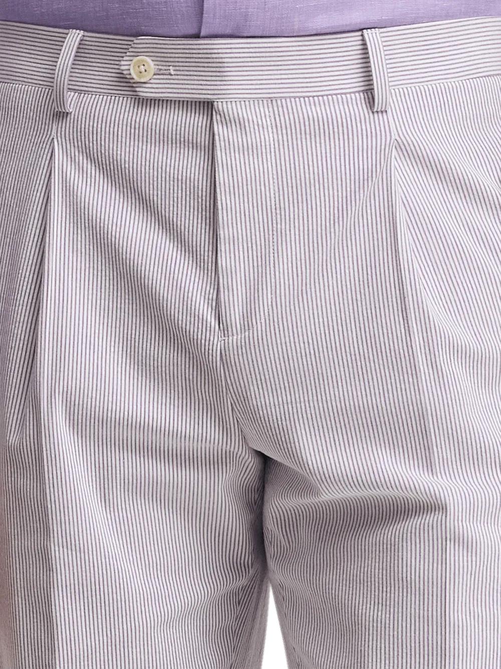 Cotton Stretch Stripe Seersucker Single Pleat Suit Pants - Purple/white