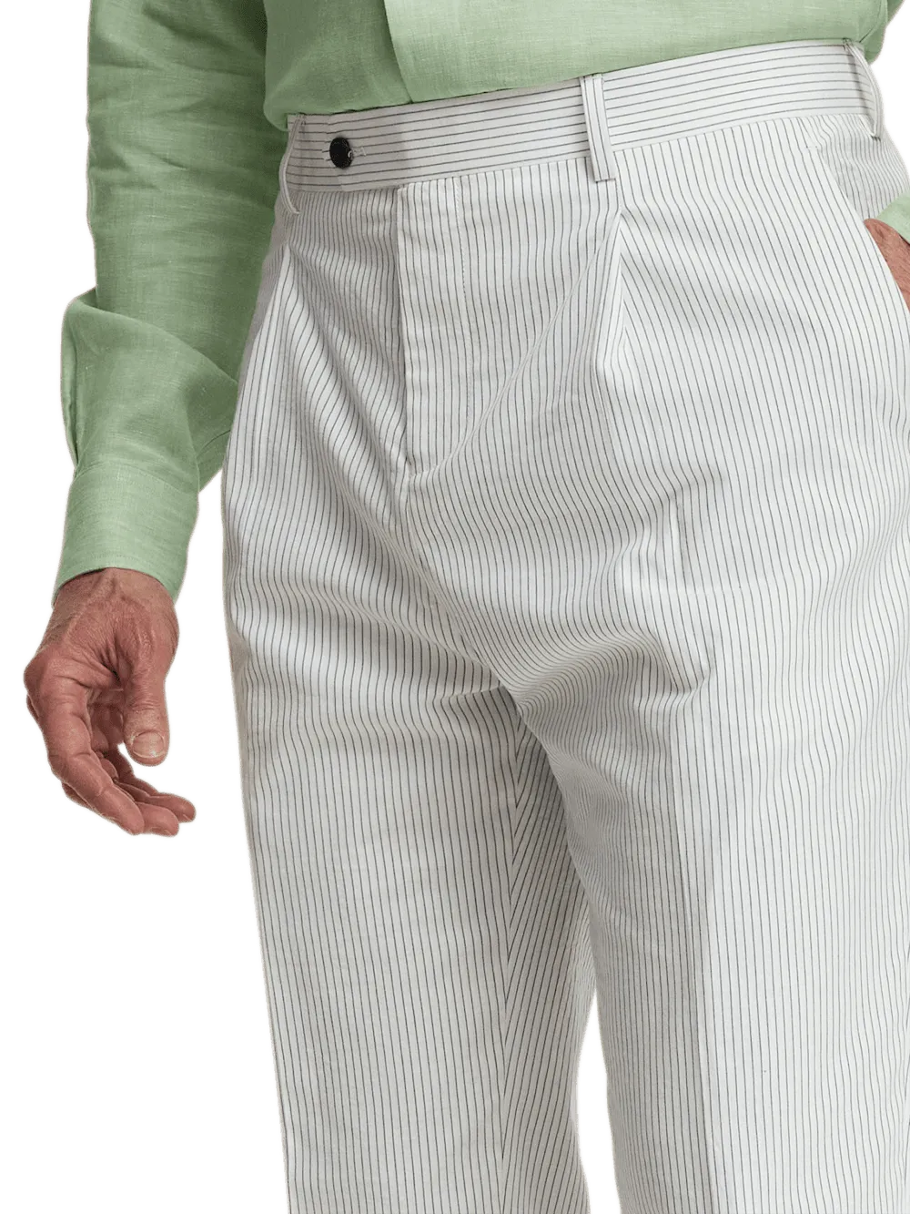 Cotton Stretch Stripe Seersucker Single Pleat Suit Pants - White/blue