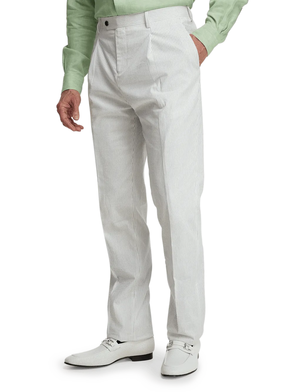 Cotton Stretch Stripe Seersucker Single Pleat Suit Pants - White/blue
