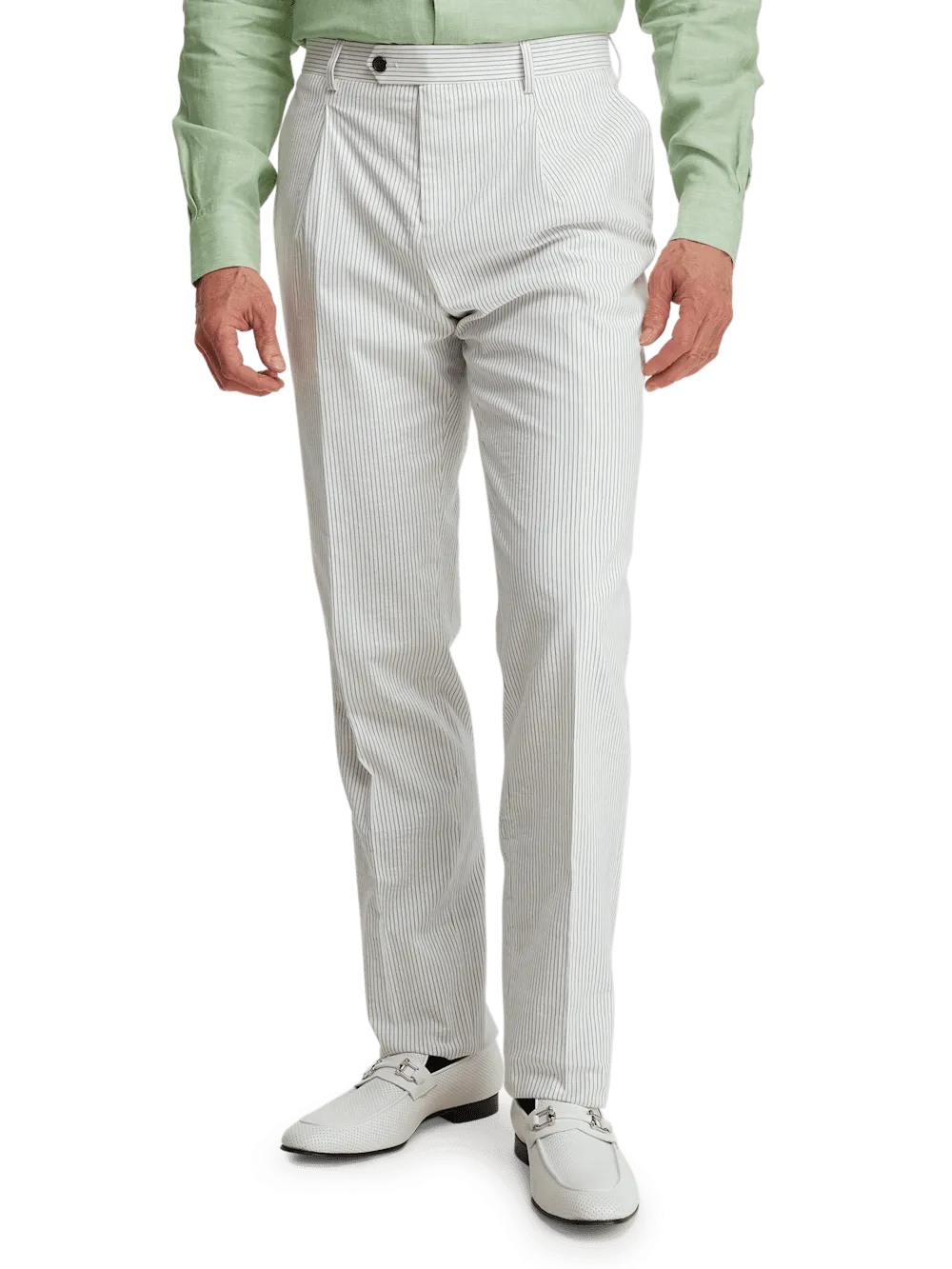 Cotton Stretch Stripe Seersucker Single Pleat Suit Pants - White/blue
