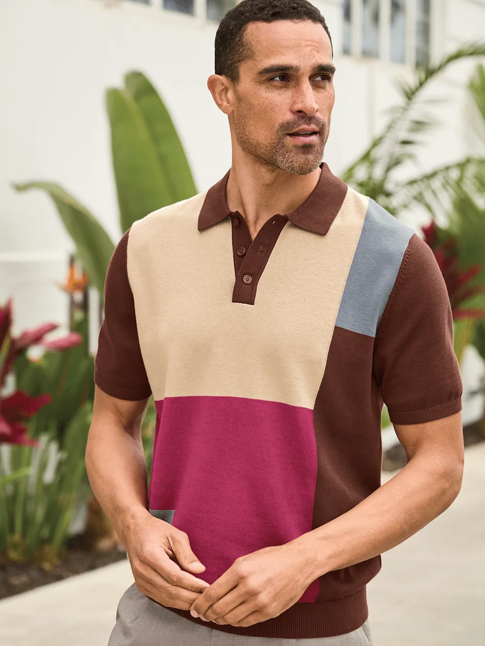 Cotton Three Button Polo - Brown Multi