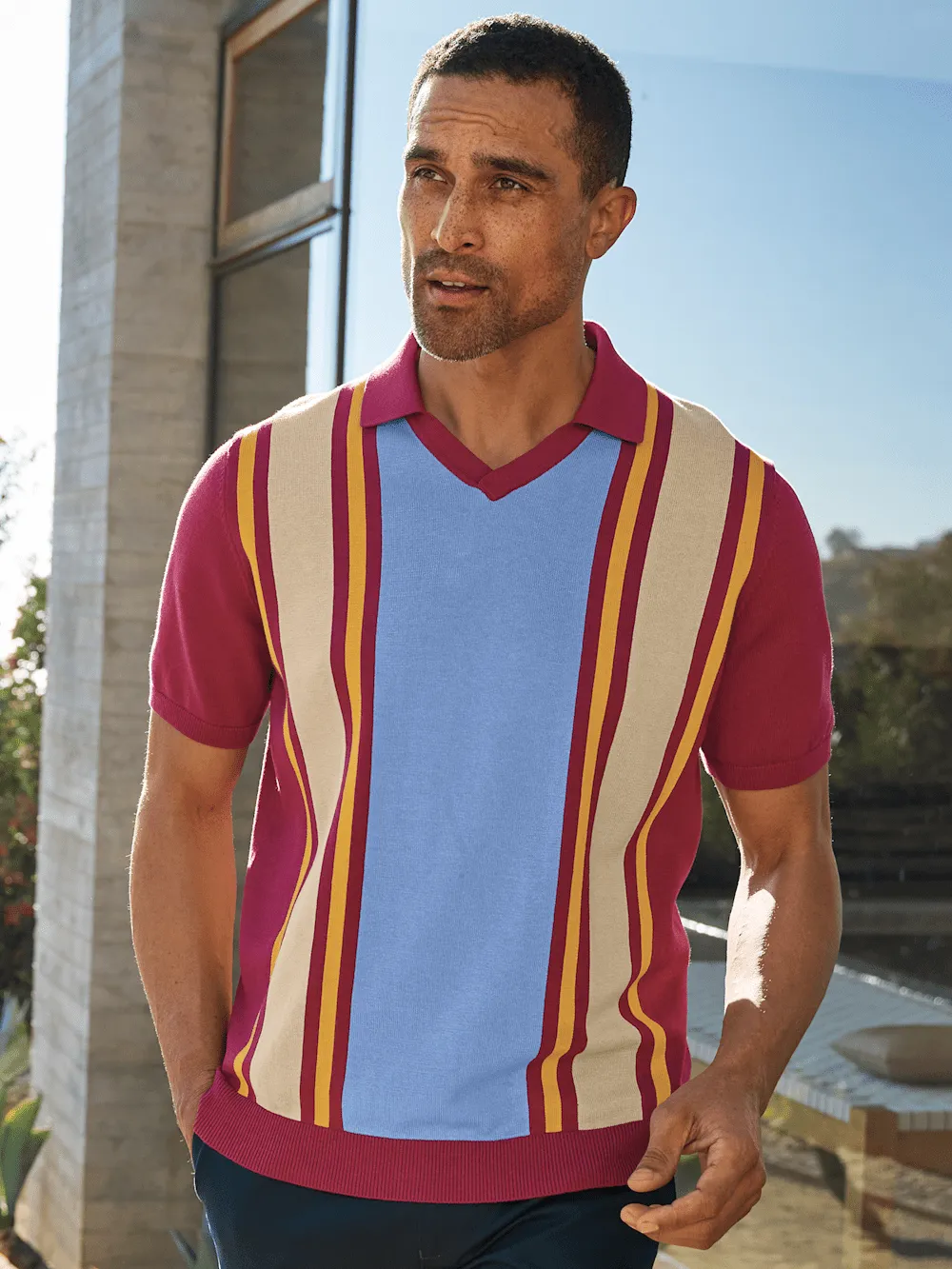 Cotton V-neck Polo - Burgundy