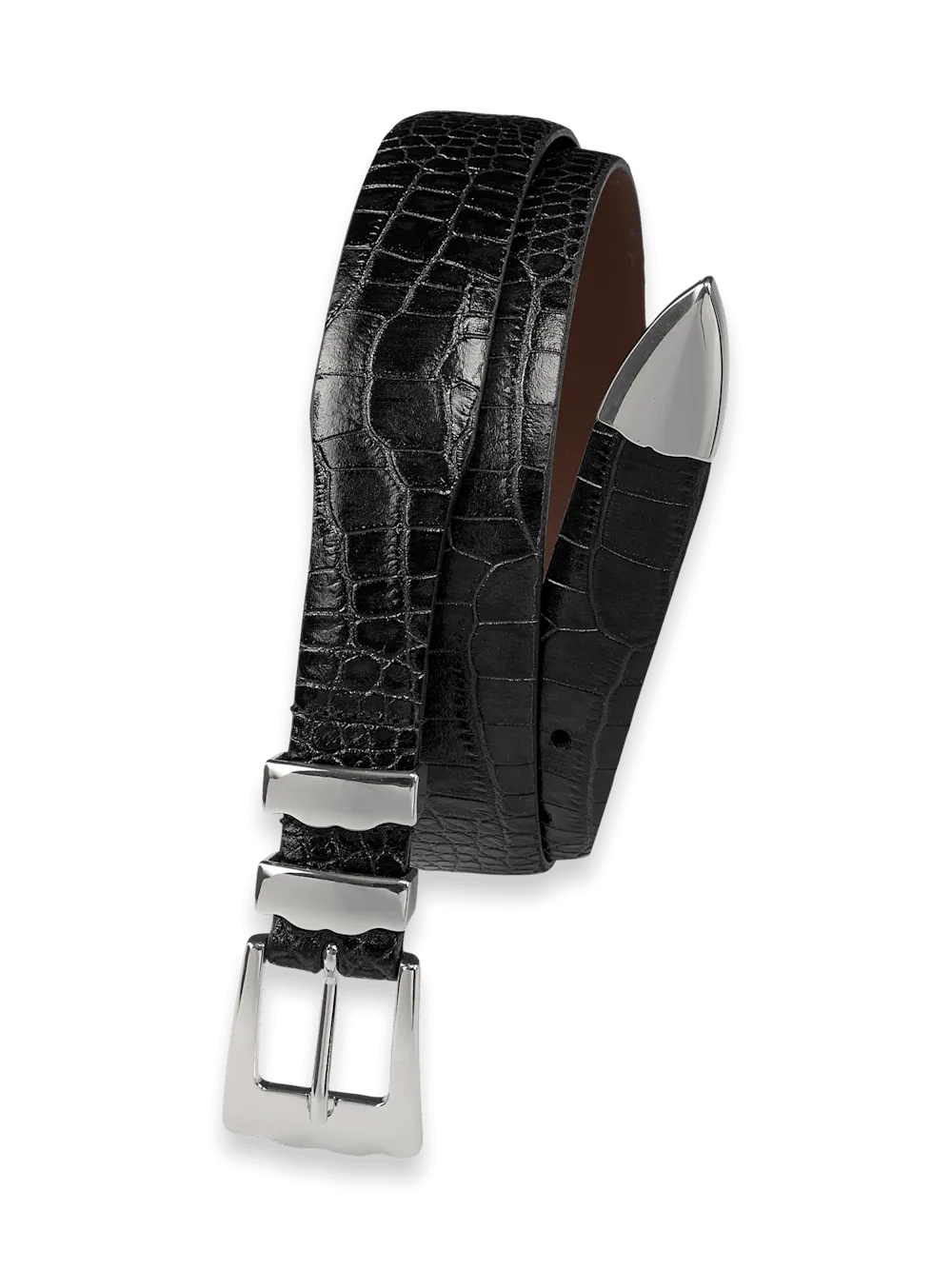 Crocodile Embossed with Metal Keeper & Tip Belt - Black