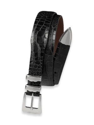 Crocodile Embossed with Metal Keeper & Tip Belt - Black