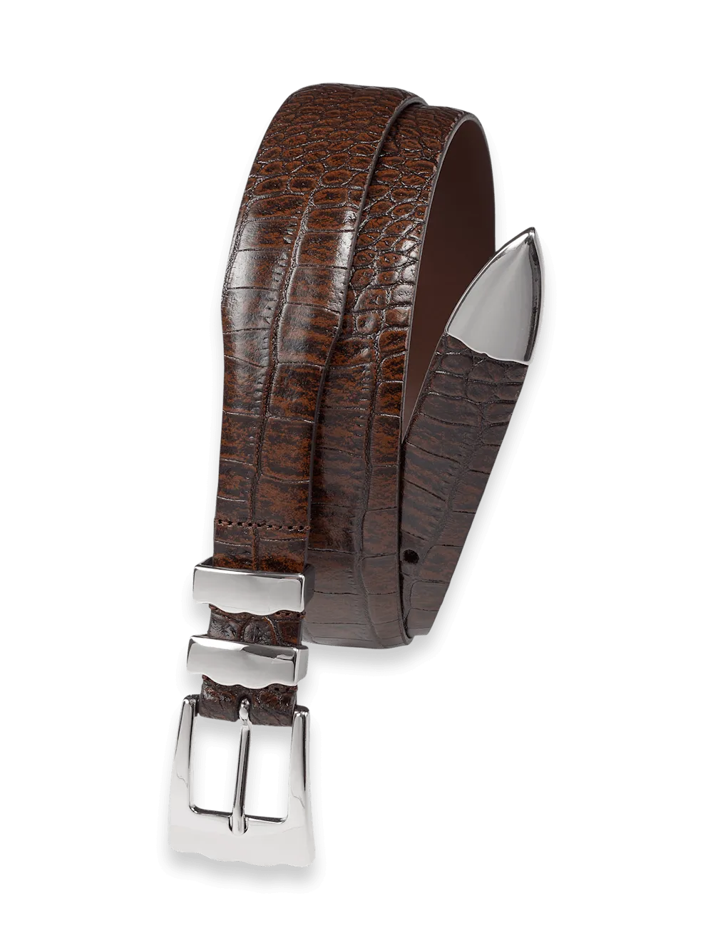 Crocodile Embossed with Metal Keeper & Tip Belt - Cognac