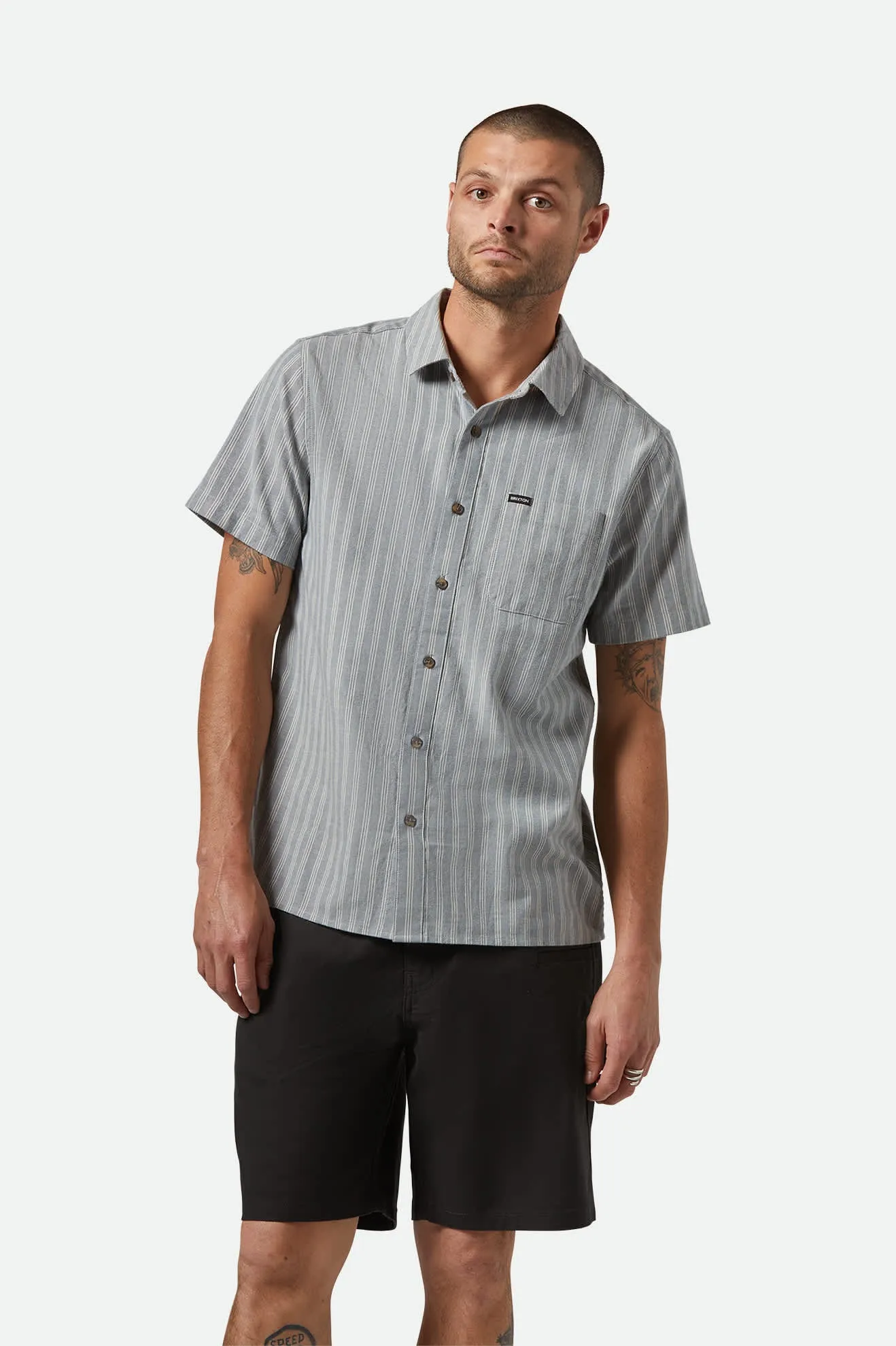 CRU Oxford Stripe S/S Shirt - Basalt Blue/Whitcap Stripe Brixton