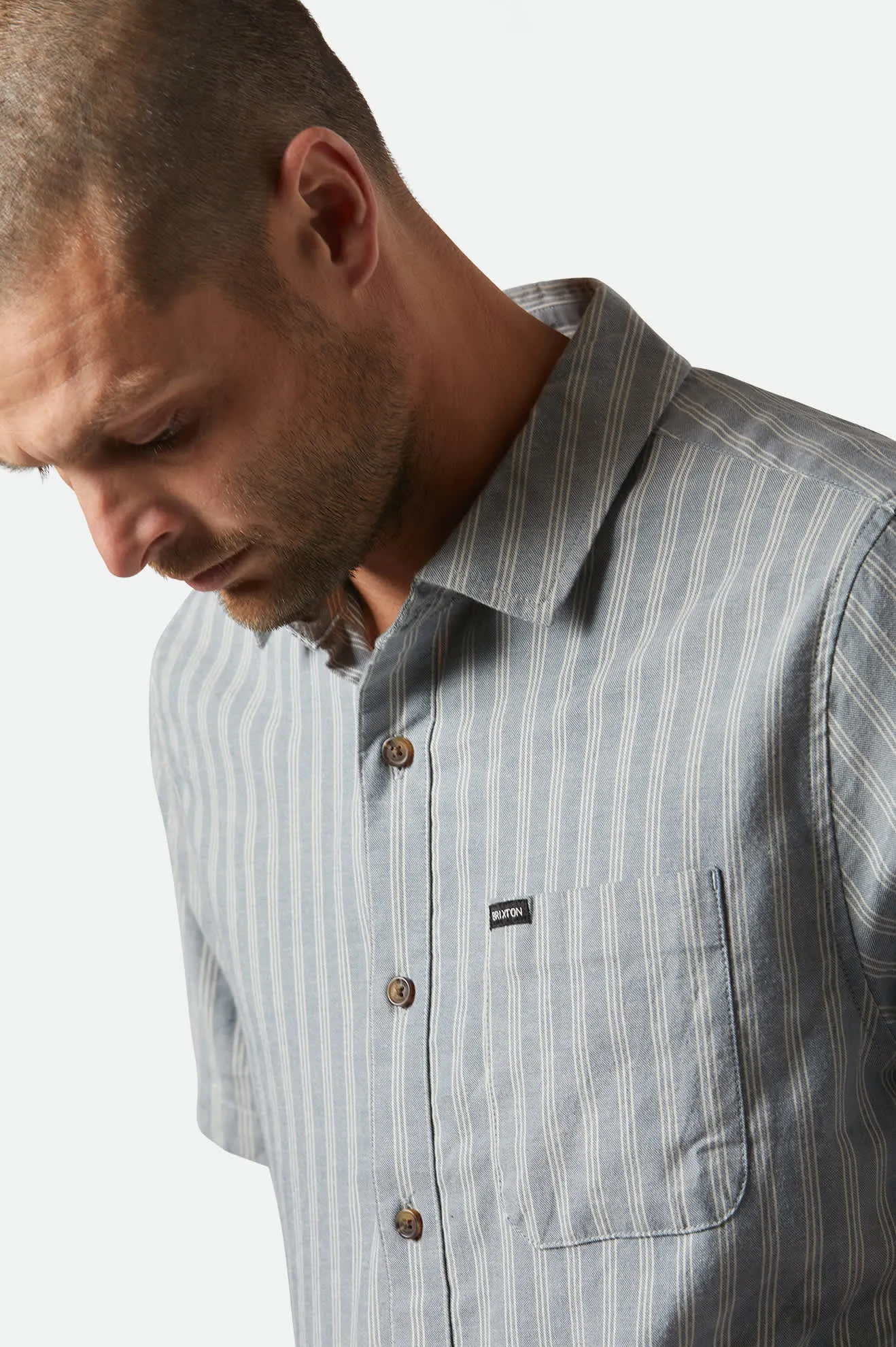 CRU Oxford Stripe S/S Shirt - Basalt Blue/Whitcap Stripe Brixton