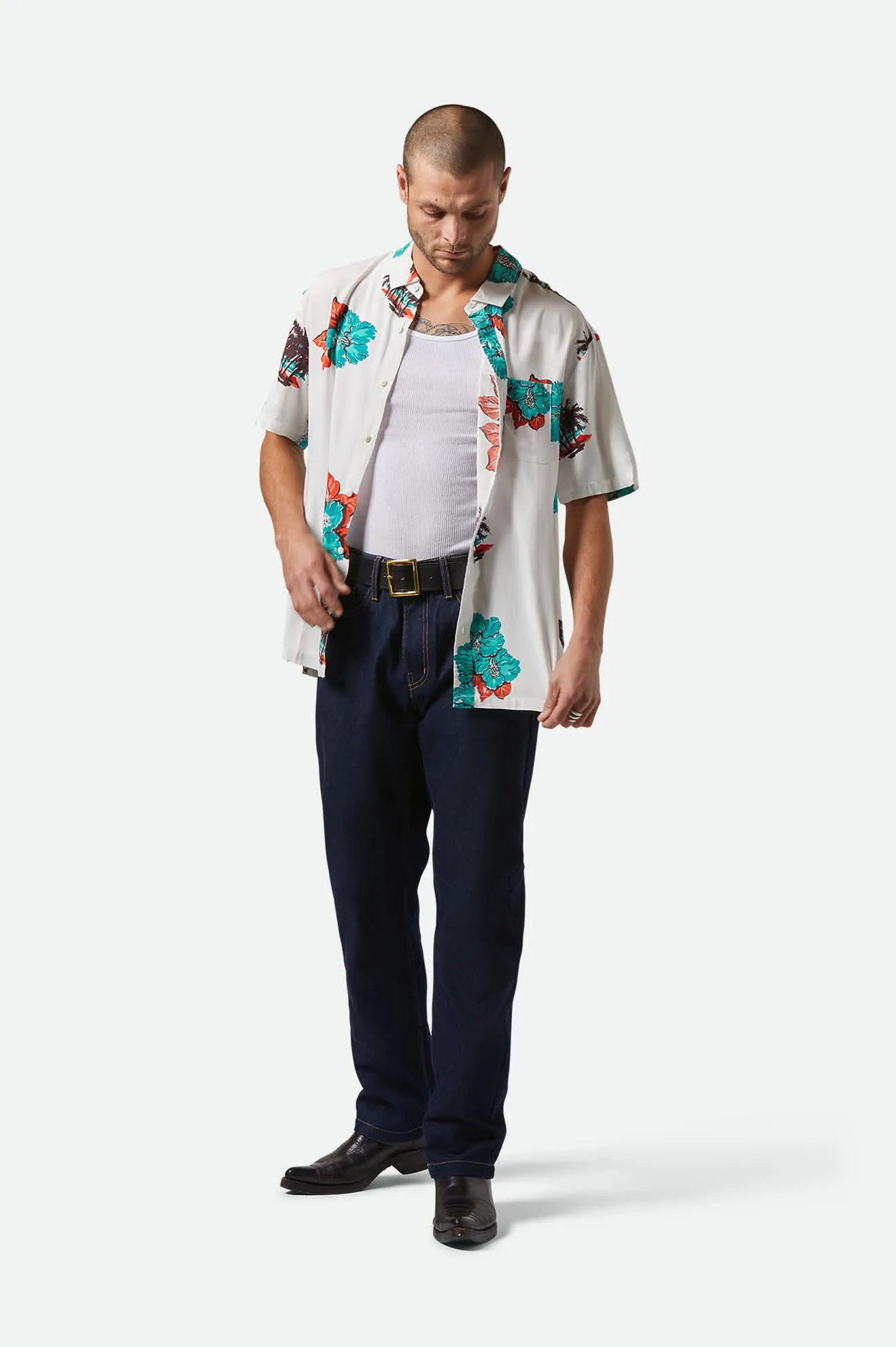 CRU Print Relaxed S/S Shirt - Off White/Aquatic Green Floral Brixton