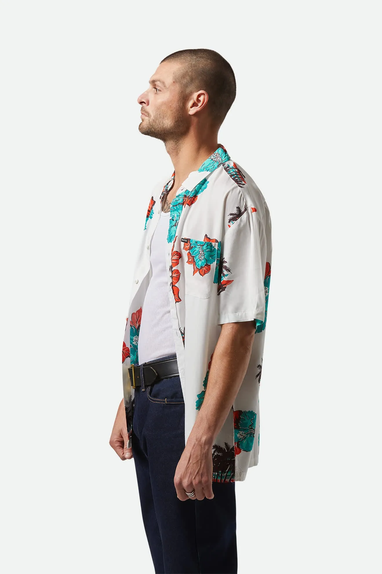 CRU Print Relaxed S/S Shirt - Off White/Aquatic Green Floral Brixton