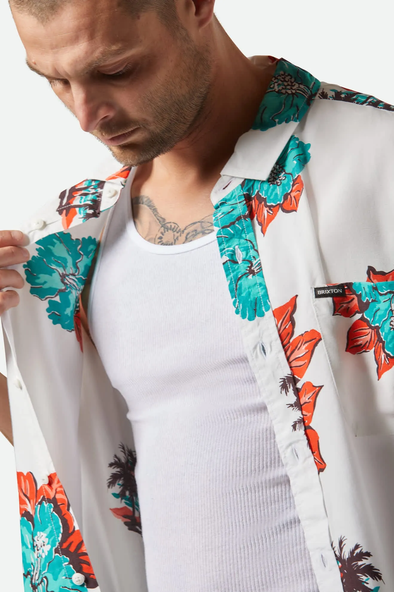 CRU Print Relaxed S/S Shirt - Off White/Aquatic Green Floral Brixton