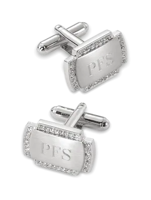 Crystal Border Engravable Cufflinks - Silver