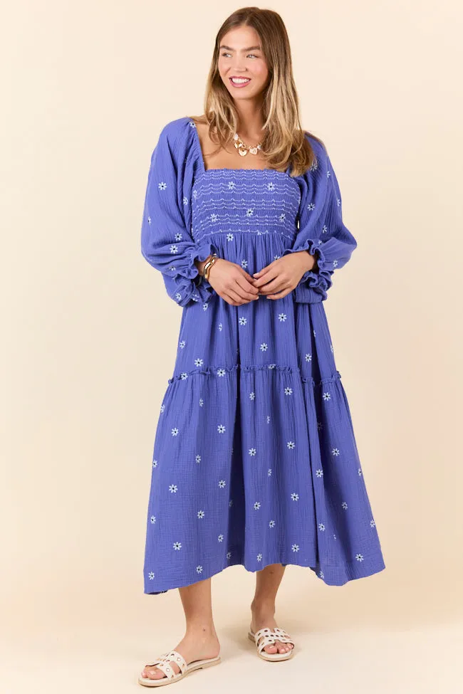 Dress To Impress Blue and Purple Smocked Flower Maxi Dress