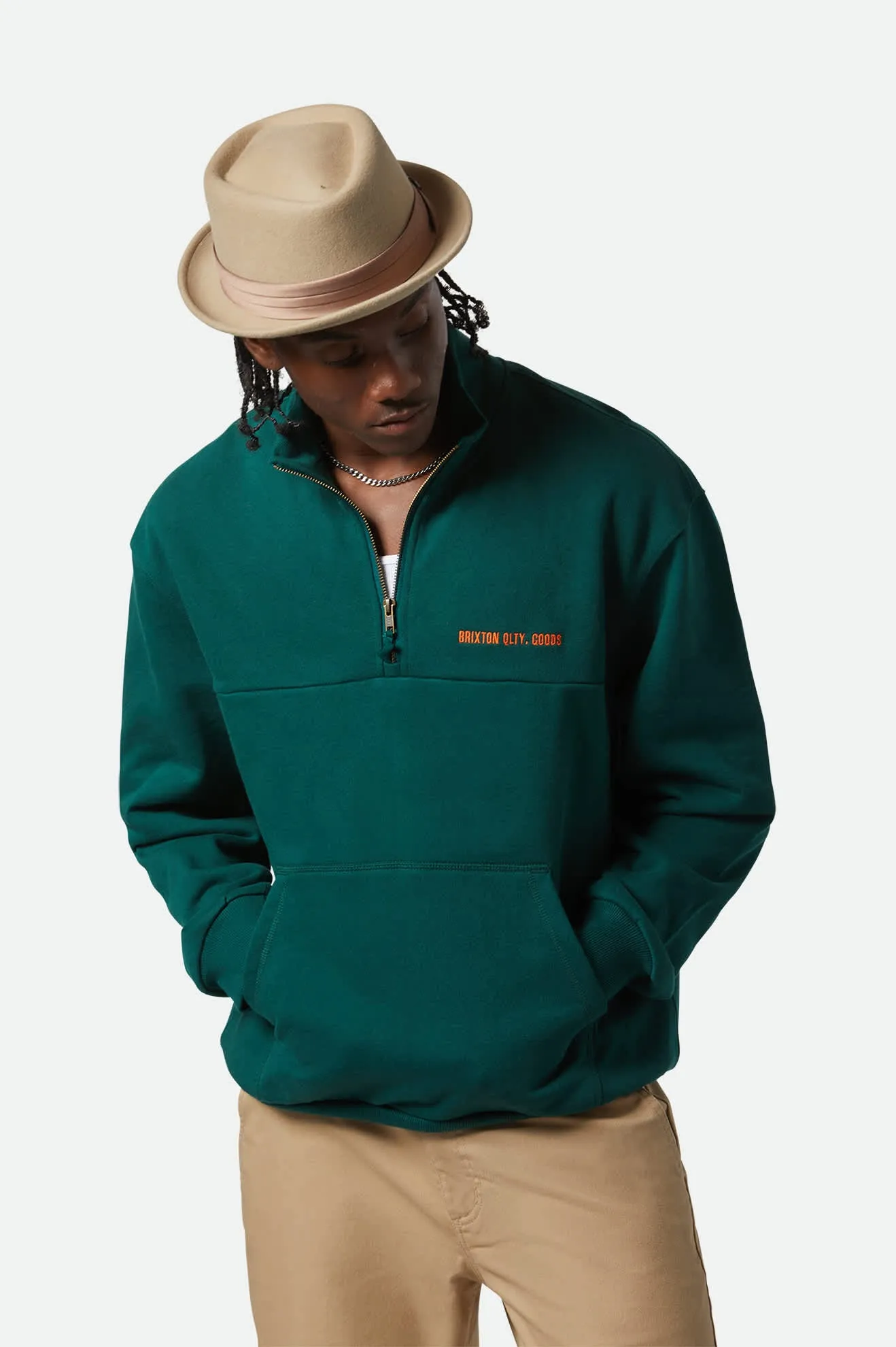 Embroidered Heavyweight Oversized Half Zip - Deep Emerald Brixton