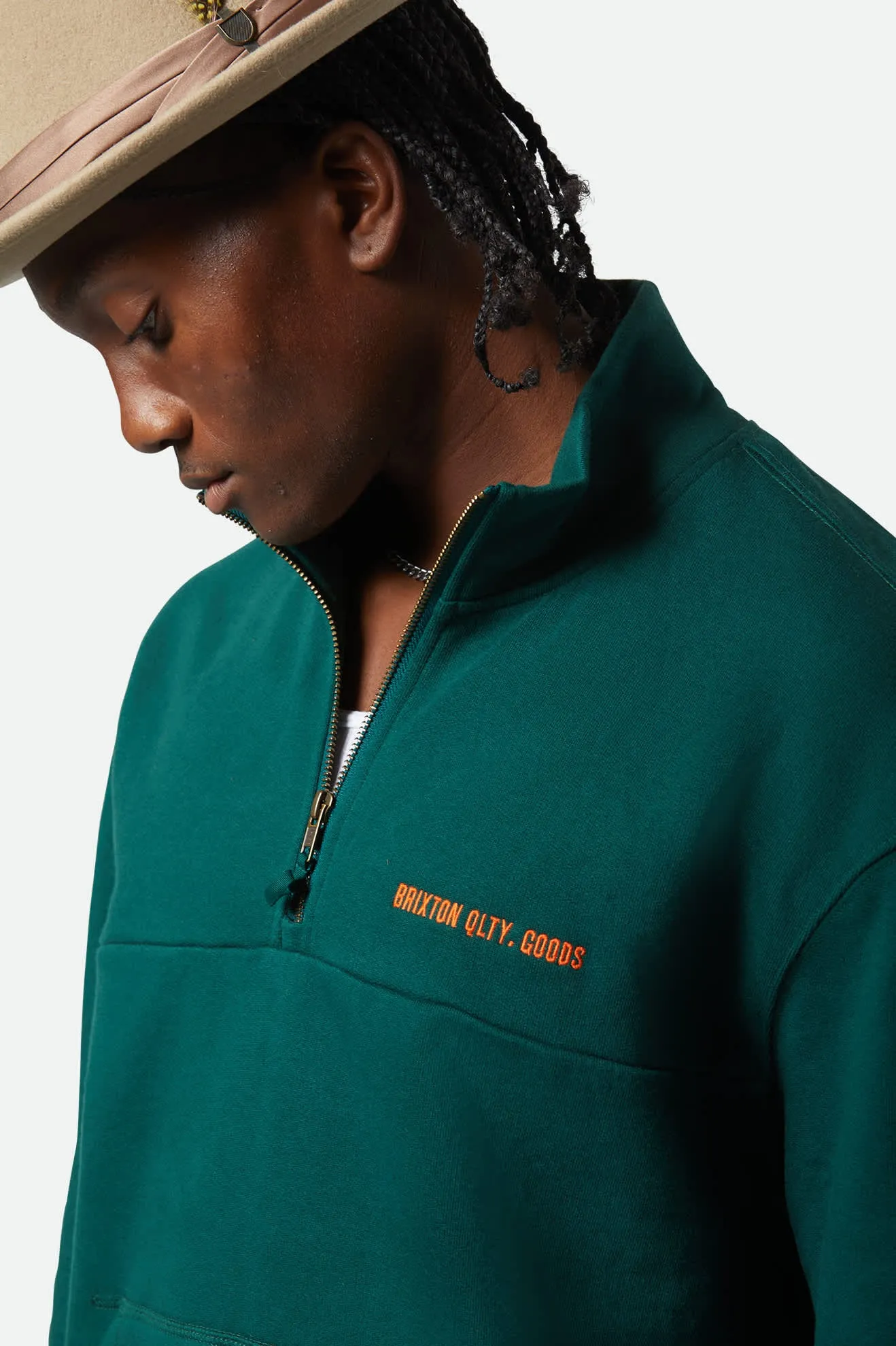Embroidered Heavyweight Oversized Half Zip - Deep Emerald Brixton
