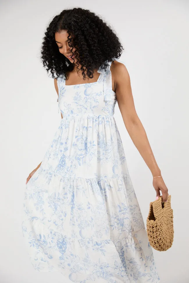 High Tide Touch Blue and Ivory Fruit Icon Printed Midi Dress