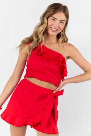 I Hope You Dance Red One Shoulder Ruffle Two Piece Set