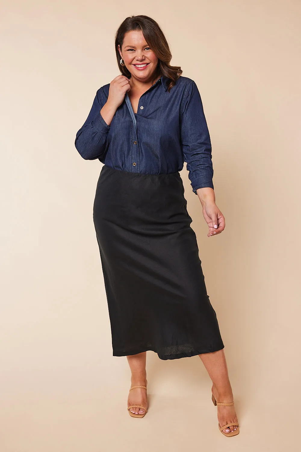 Katie Bias Cut Linen Skirt in Black Adrift