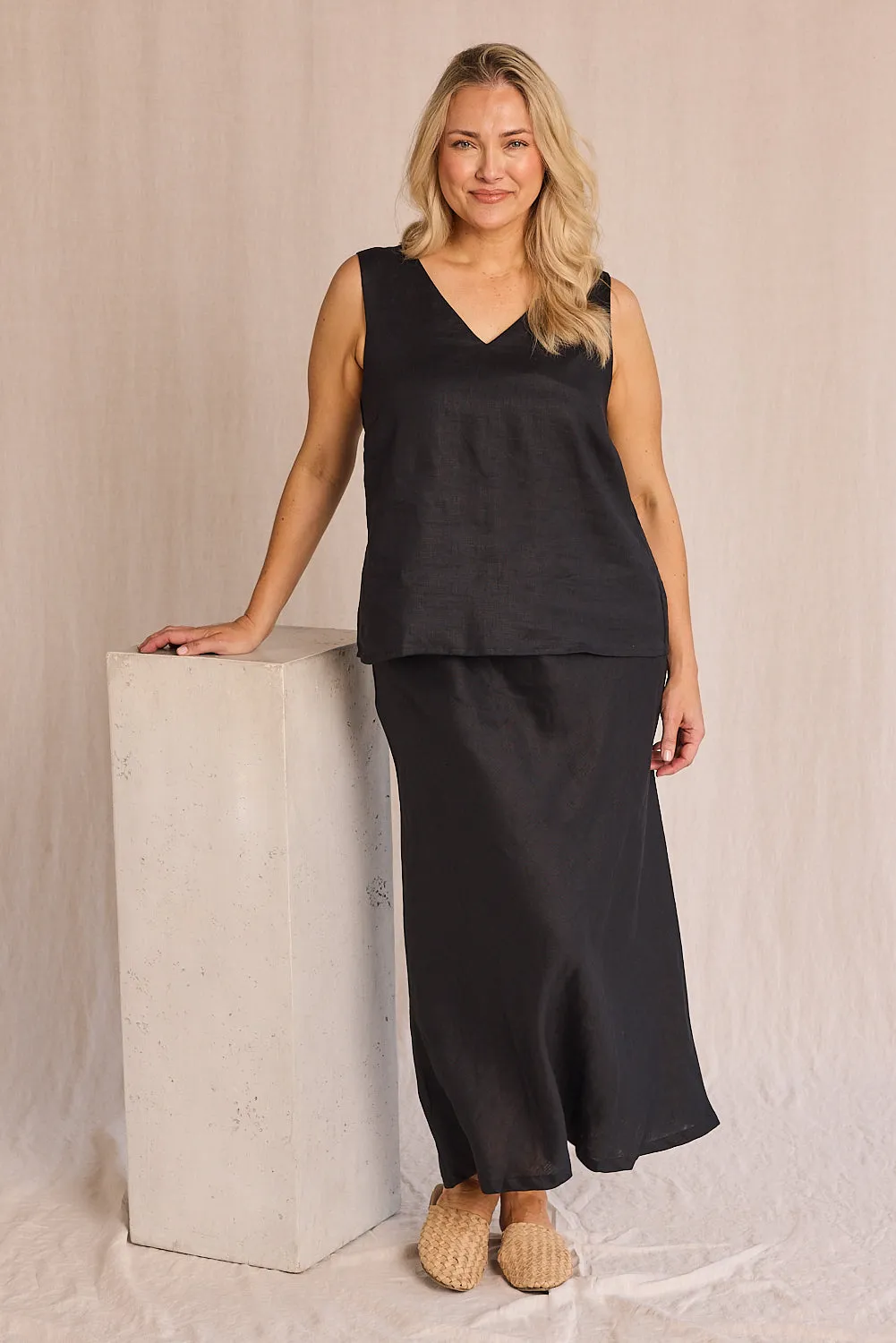Katie Bias Cut Linen Skirt in Black Adrift