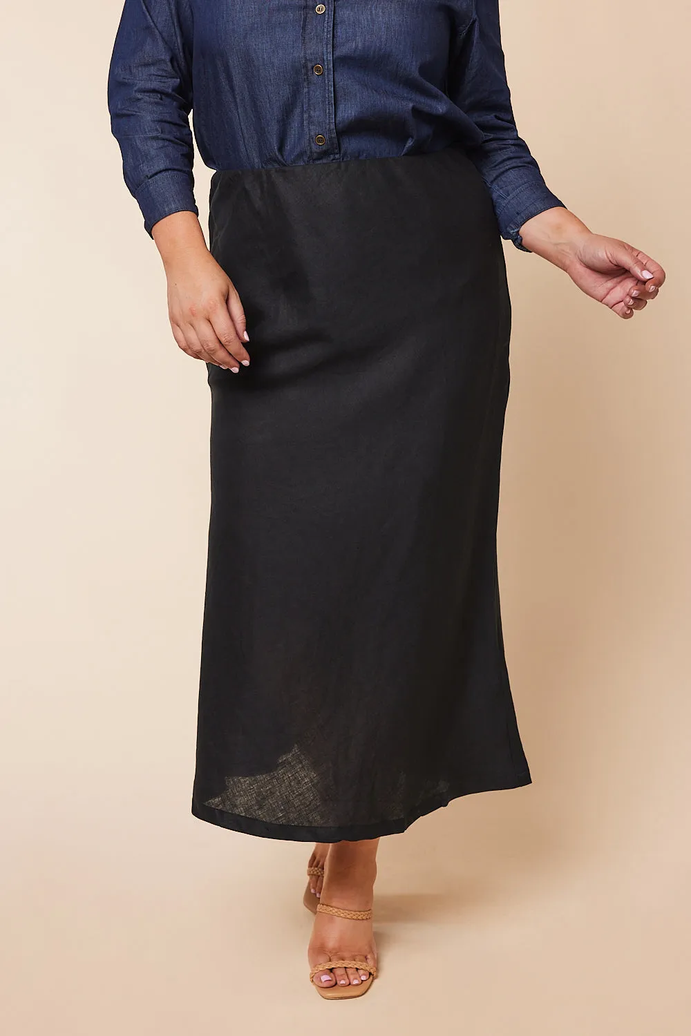 Katie Bias Cut Linen Skirt in Black Adrift