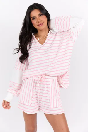 Lazy Days Long Sleeve Striped Pink and White Lounge Top