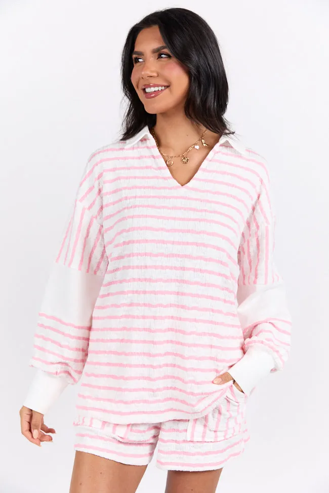 Lazy Days Long Sleeve Striped Pink and White Lounge Top